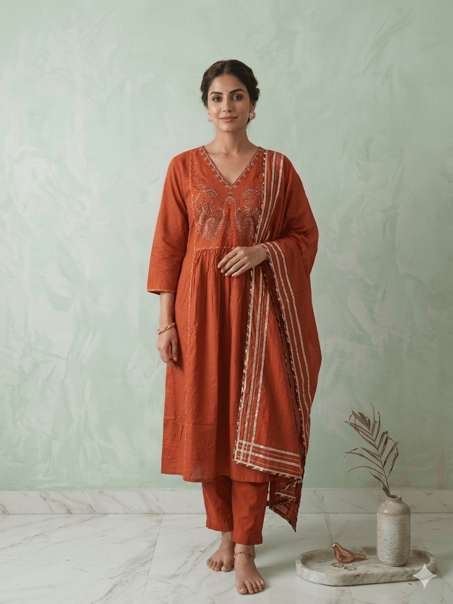 Rust Anarkali with work — cotton