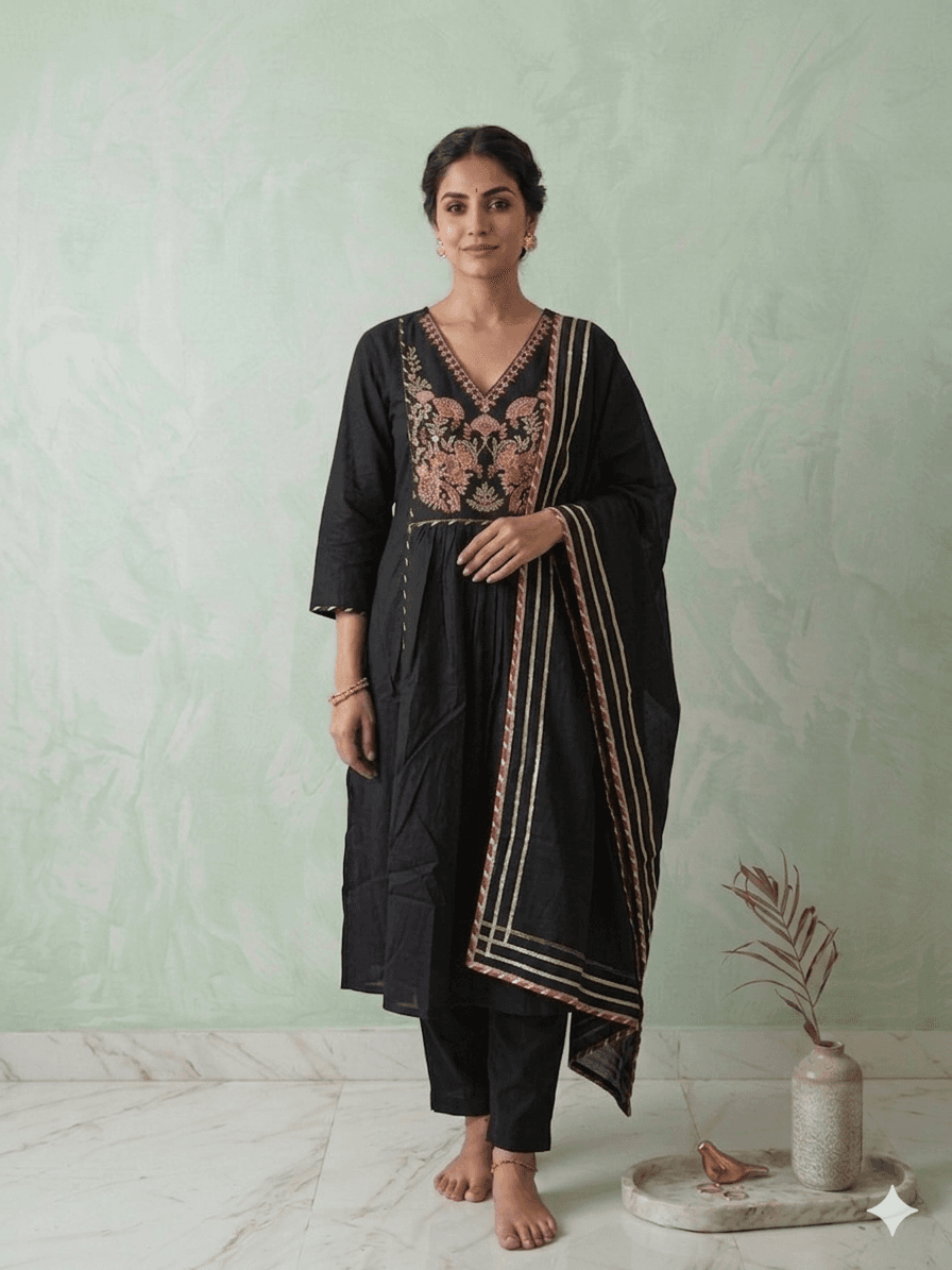 Black Anarkali with work — cotton