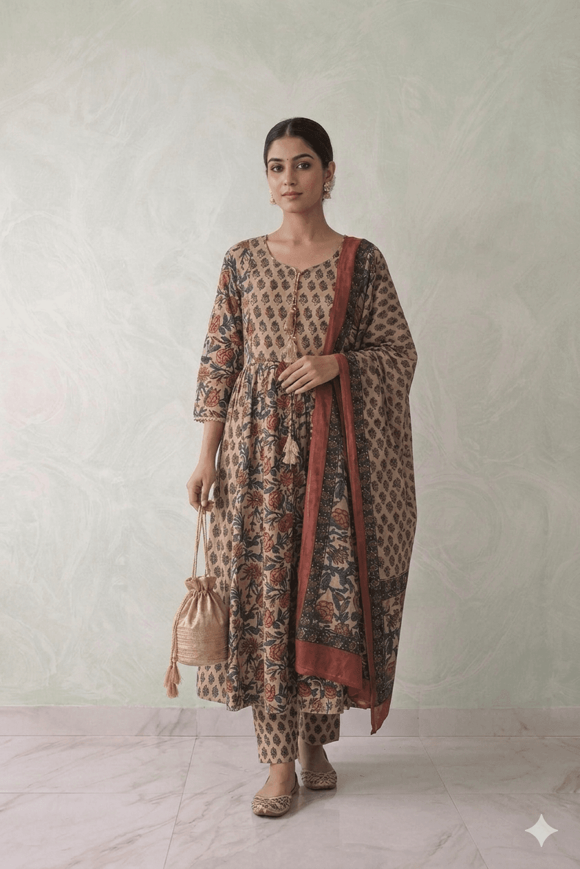 Beige Printed cotton anarkali — pure cotton