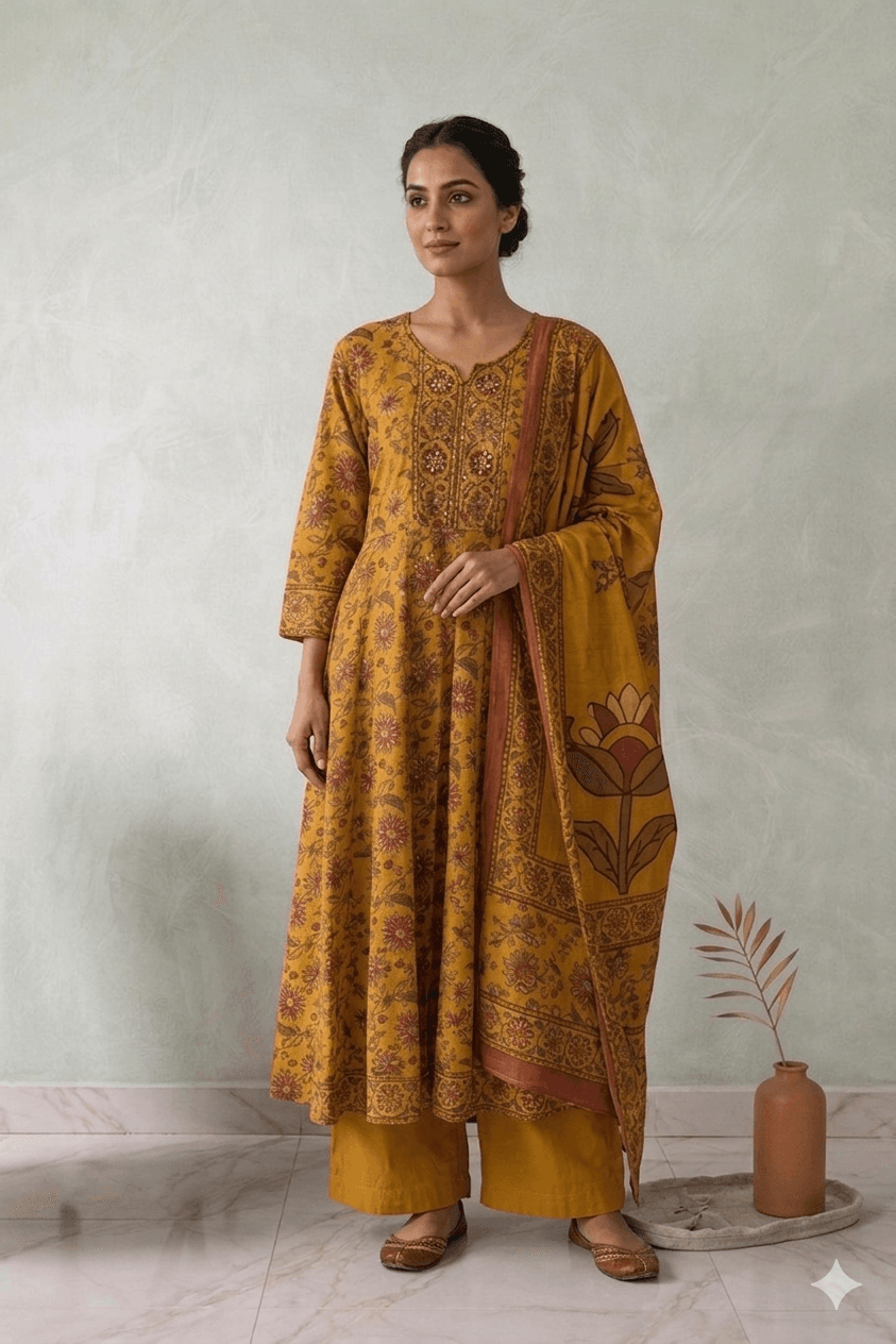 Mustard Printed cotton Anarkali — pure cotton