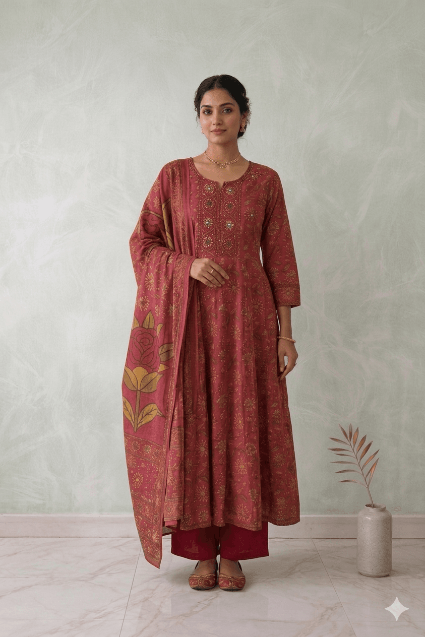 Pink floral Anarkali — pure cotton