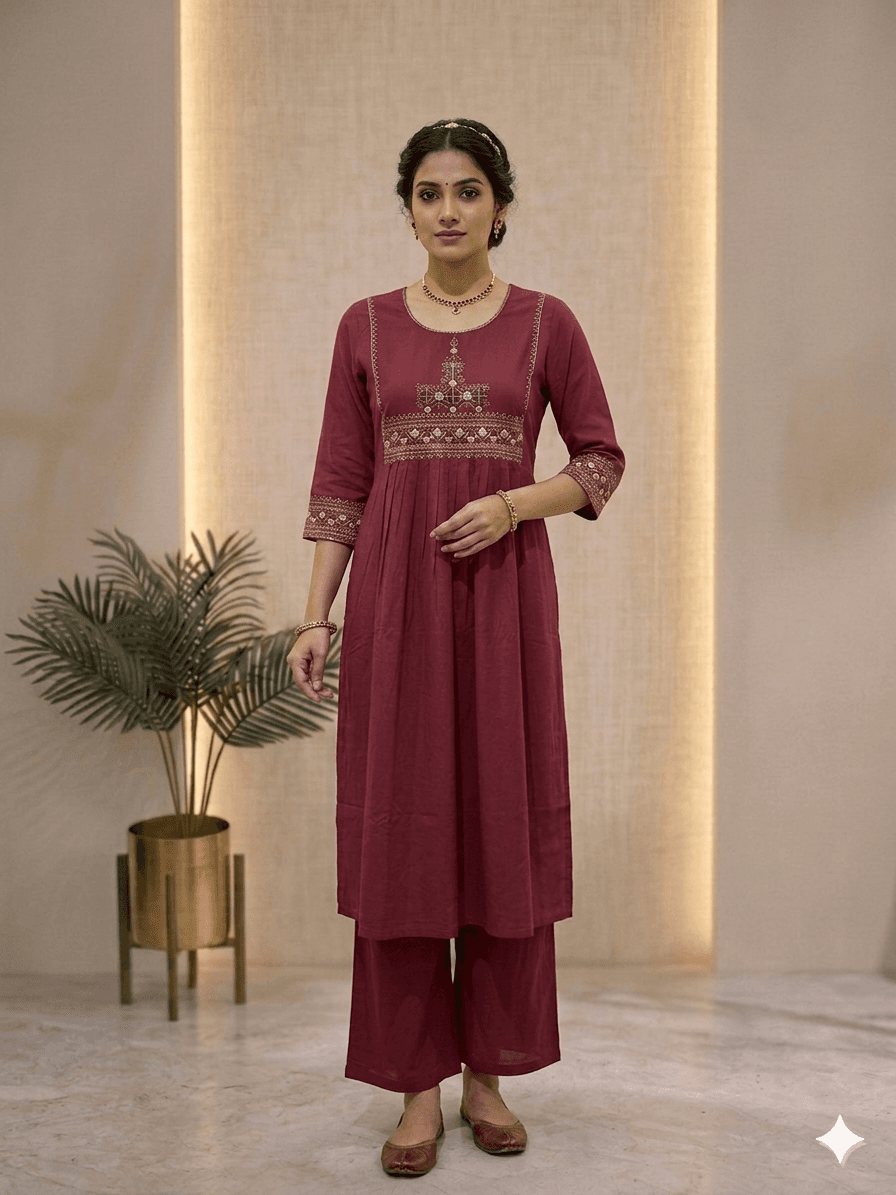 plain pink with neck embroidery cord-set — cotton