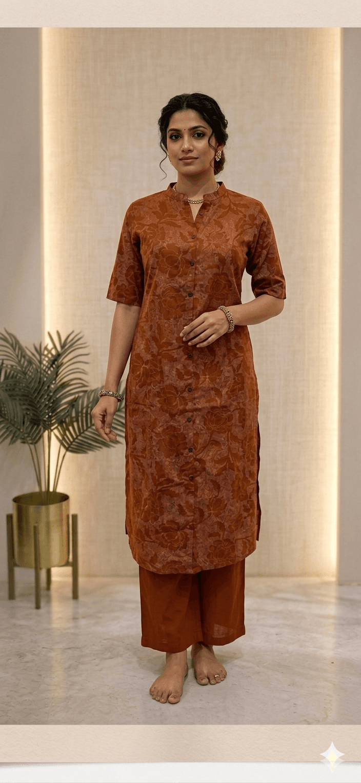Rust toned printed co-ord set — Pure cotton