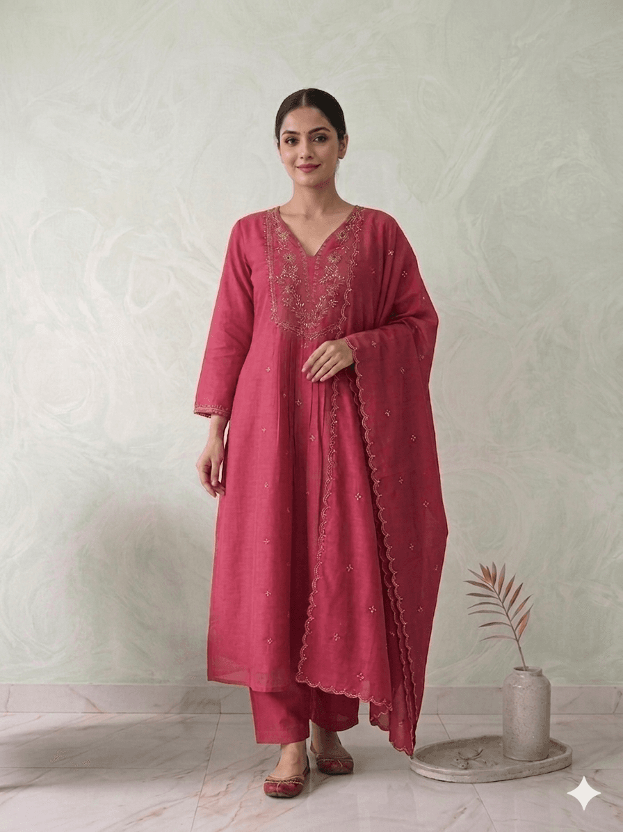 Pink Mul Chanderi Aline 3pc set — Mul Chanderi