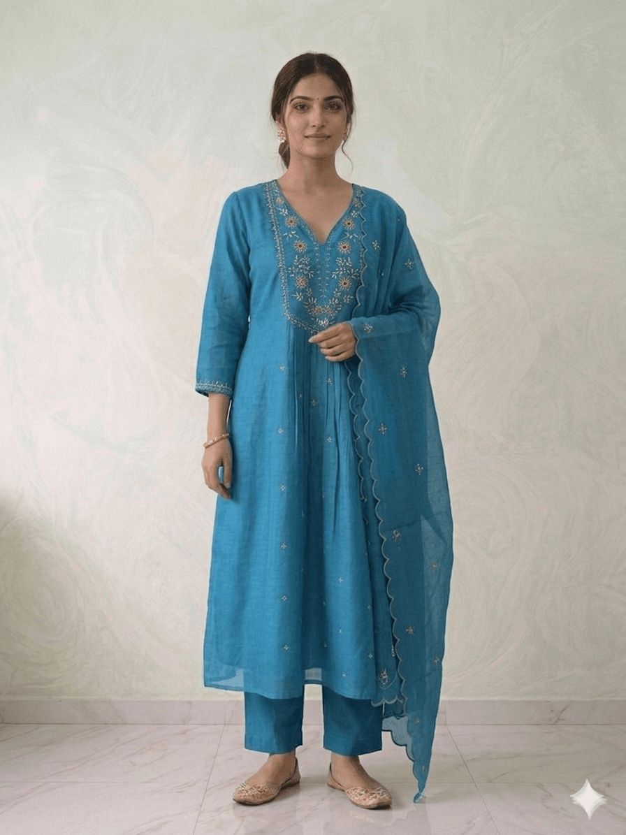 Blue Mul Chenderi Aline 3pc set — Mul Chanderi