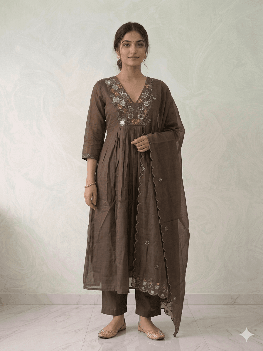 Brown Mul Chanderi Aline 3pc set — Mul Chanderi