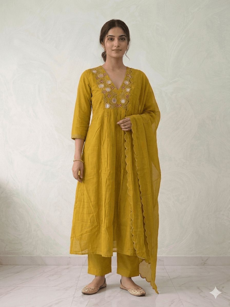 Mustard Mul Chanderi Aline 3Pc set — Mul Canderi
