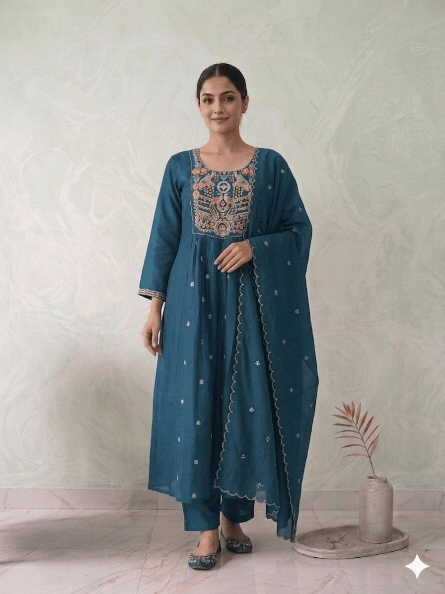 Teal Mul Chanderi Aline 3pc set — Mul Chanderi