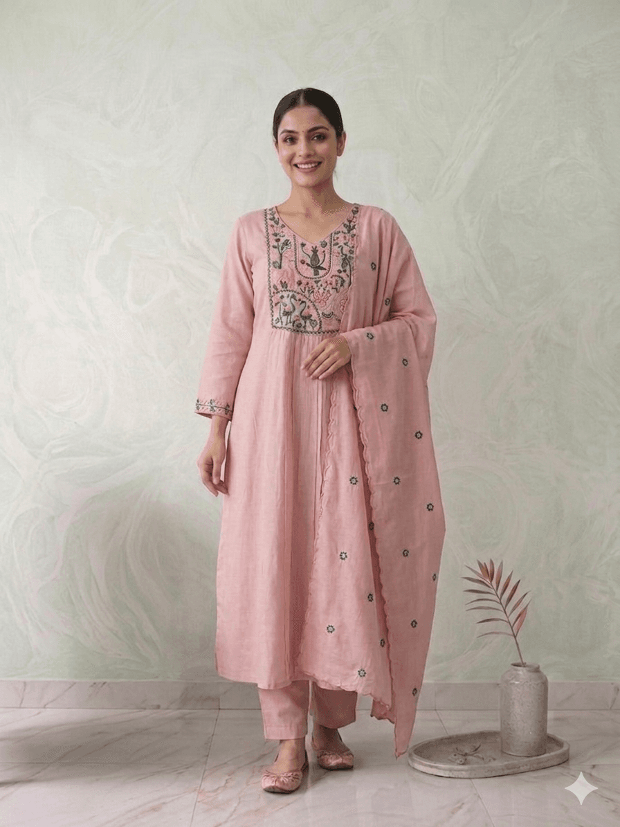 light pink Mul Chanderi aline 3pc set — Mul Chanderi