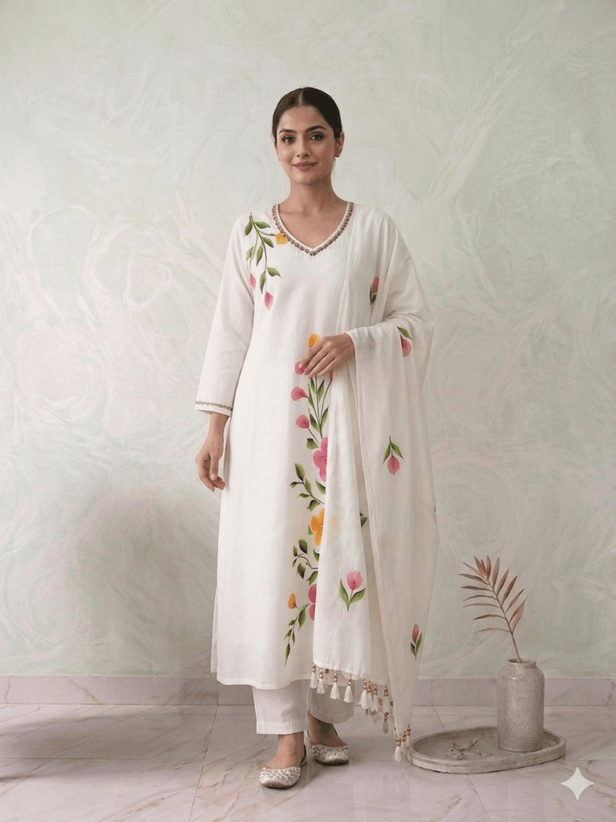 White Mul Chanderi 3pc Anarkali set — Mulchanderi
