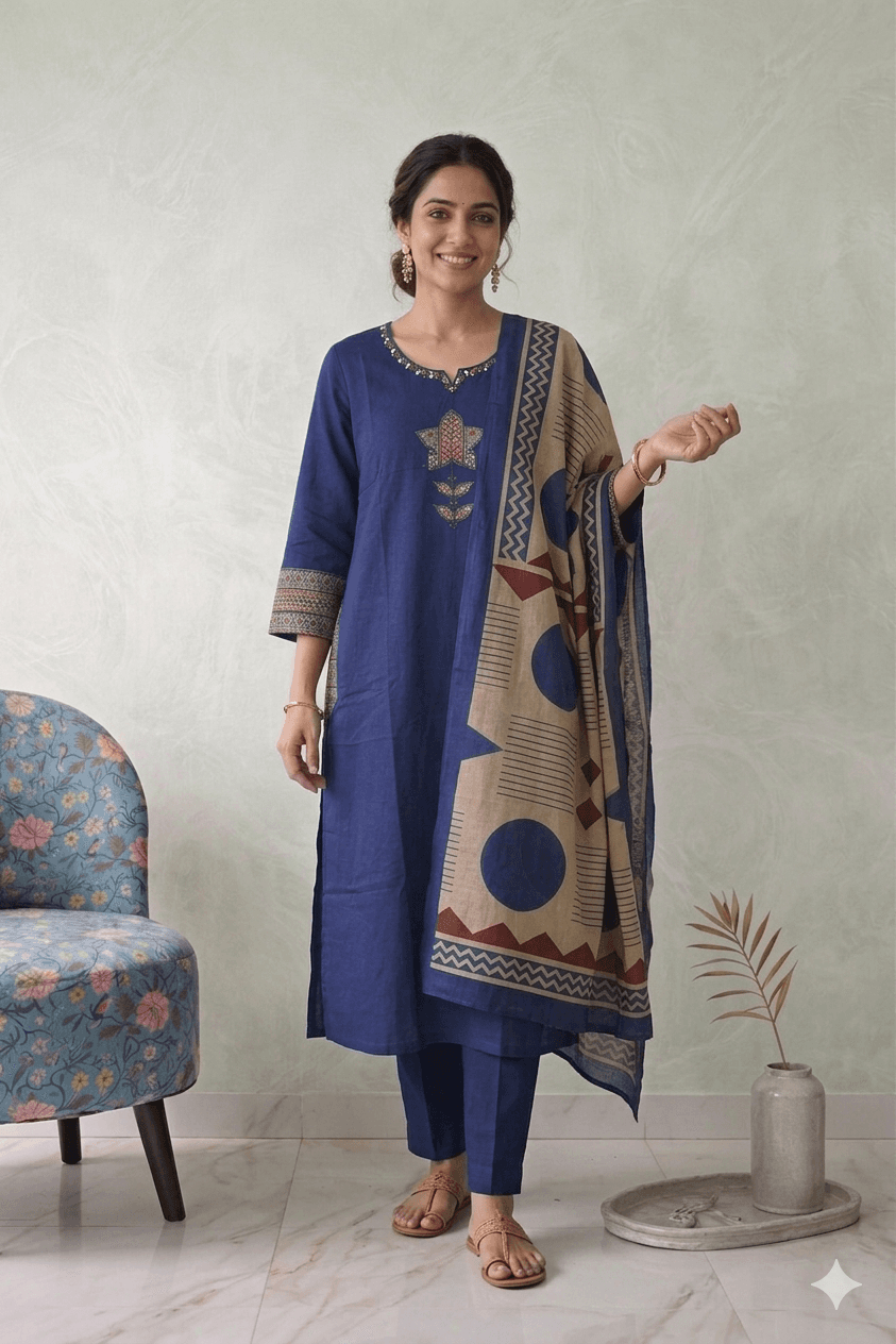 Royal blue set with Ajrak Patch work — pure cotton
