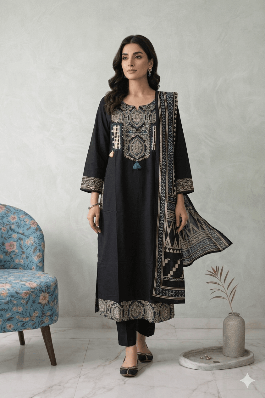 Black cotton plain dress with yoke detailing — pure cotton