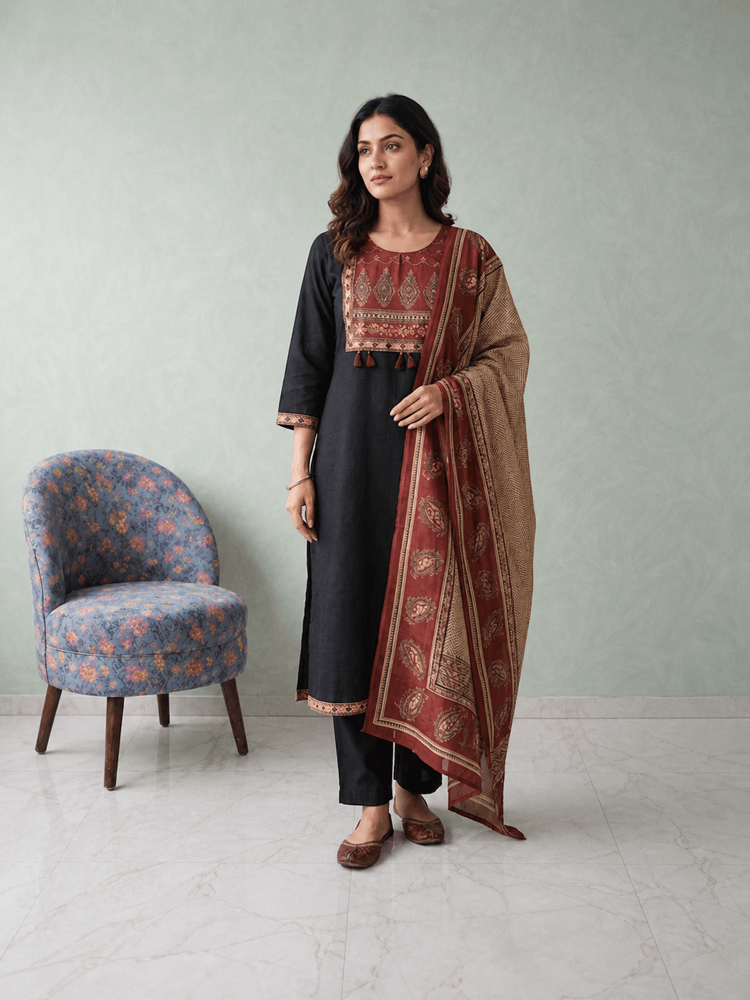 Black Plain cotton dress with maroon Printed Yoke — cotton
