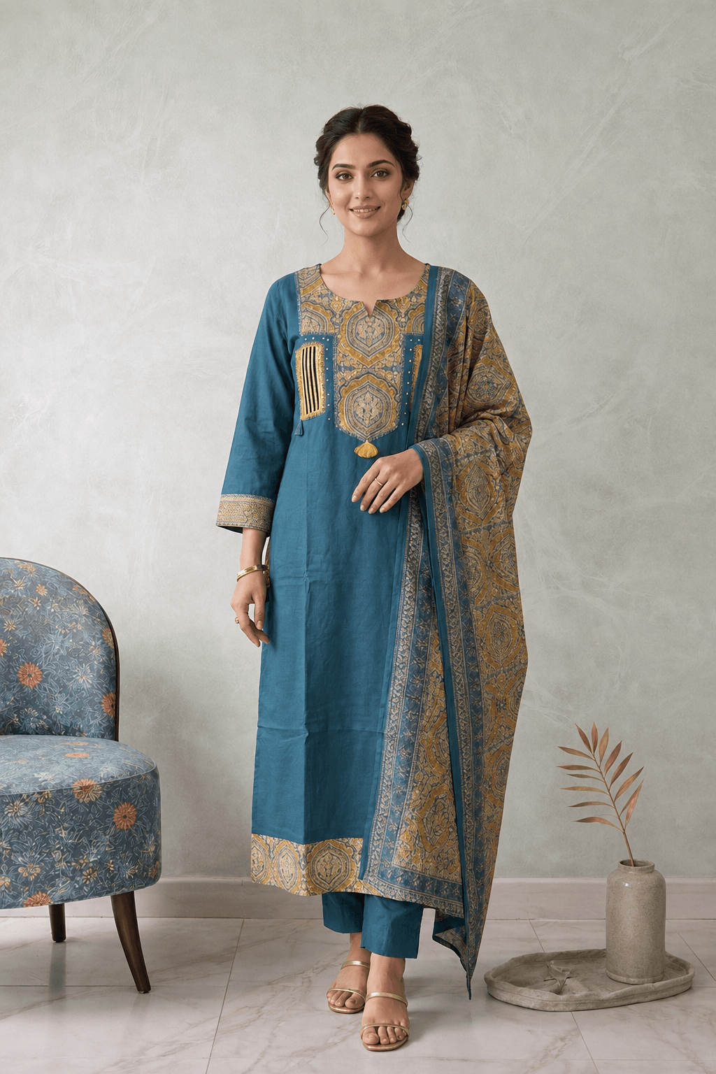 Teal Green cotton plain dress with yoke detailing. — Pure Cotton