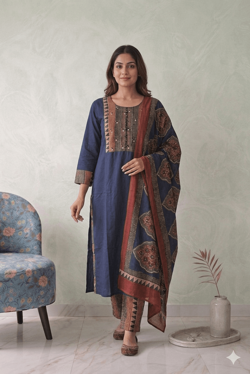 Dark blue cotton plain dress with yoke detailing — Pure Cotton