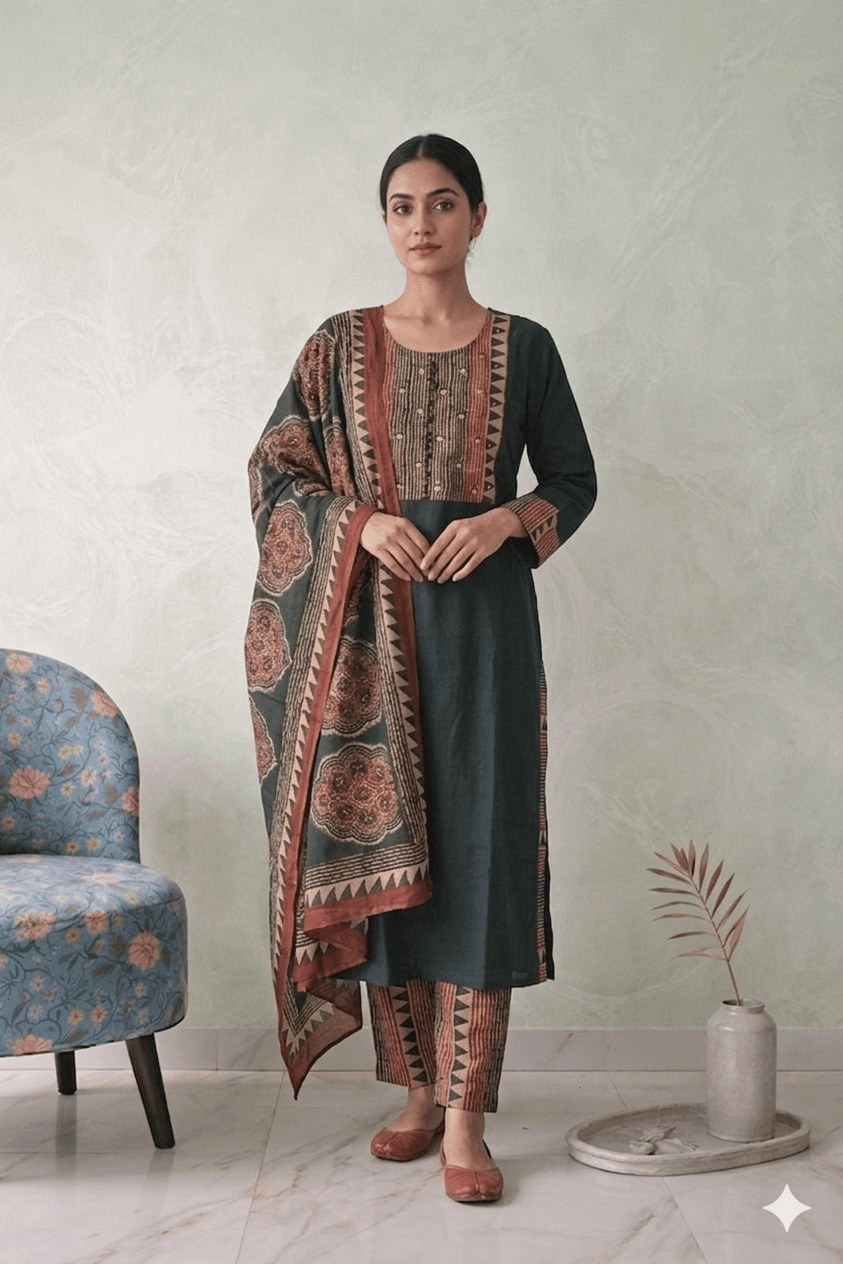Dark Green cotton plain dress with yoke detailing — Pure cotton