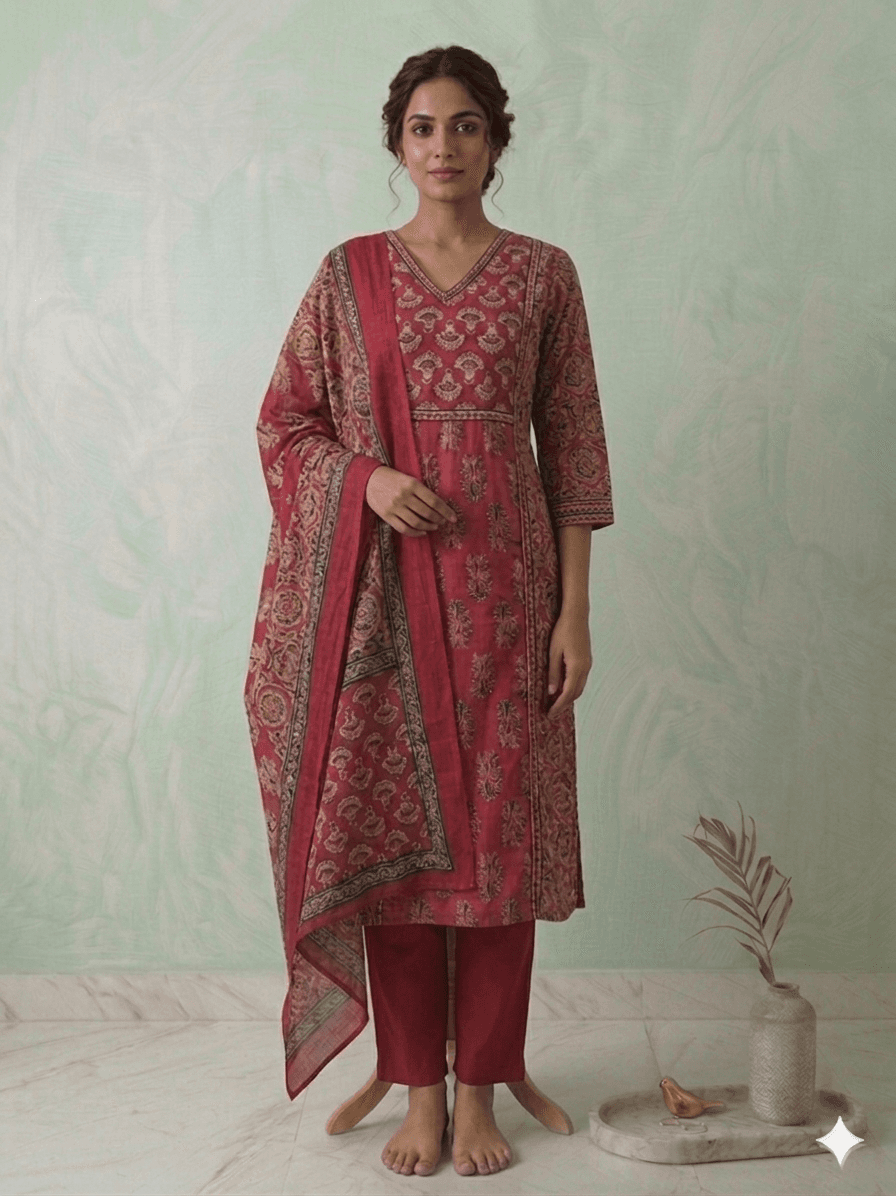 Magenta block print 3pc suit set