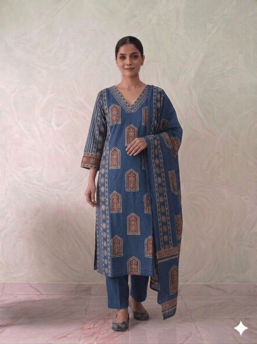 royal blue Printed 3pc set. — pure cotton