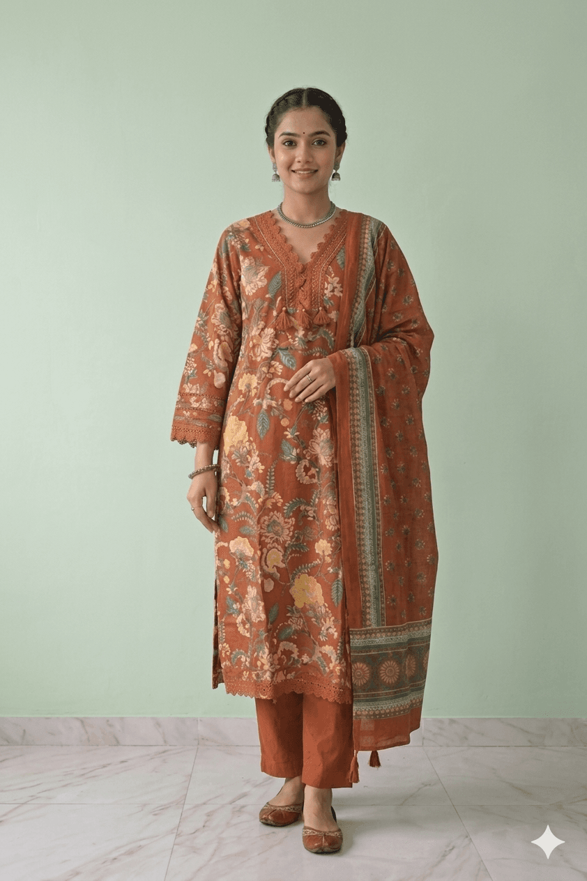 orange floral printed 3pc set. — pure cotton
