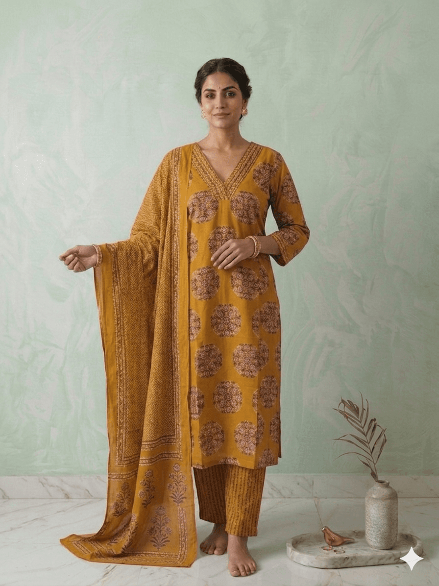Musturd yellow round Motif printed 3pc set. — cotton