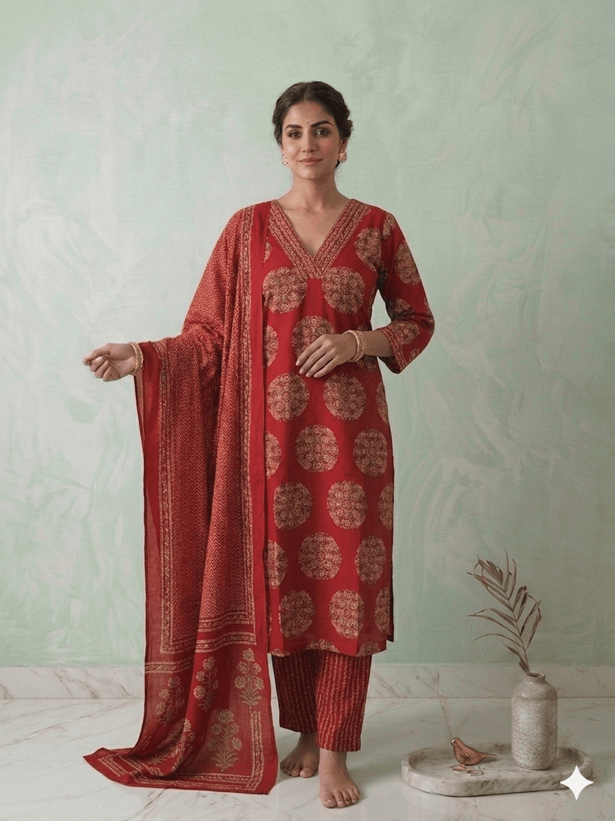 Red round motif printed 3pc set.