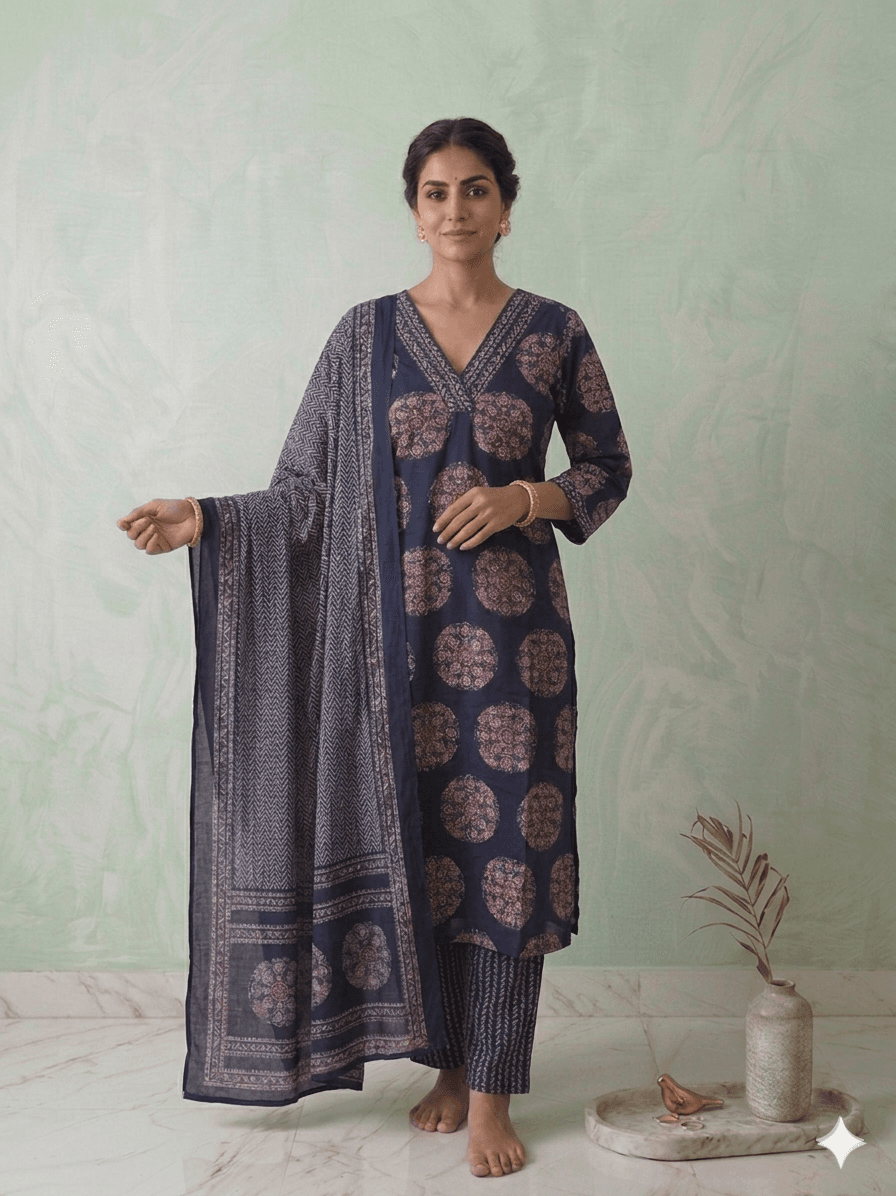 blue round Motif printed 3pc set. — cotton