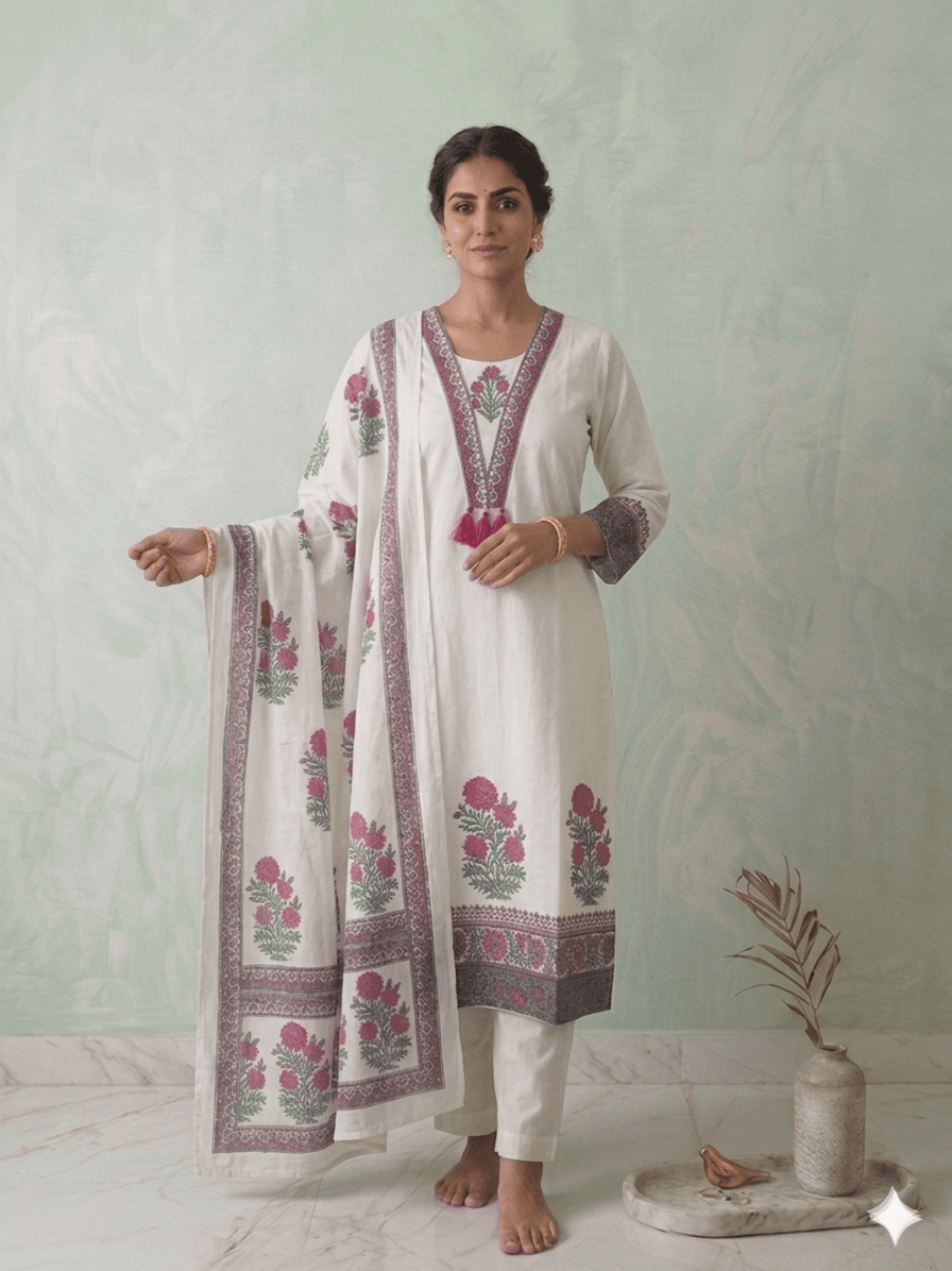 Ranipink, green with white Printed 3pc set — pure cotton