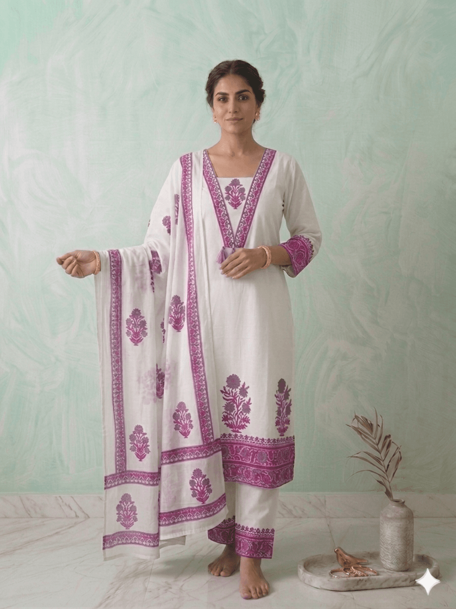 White with Lavender 3pc printed suit — pure cotton