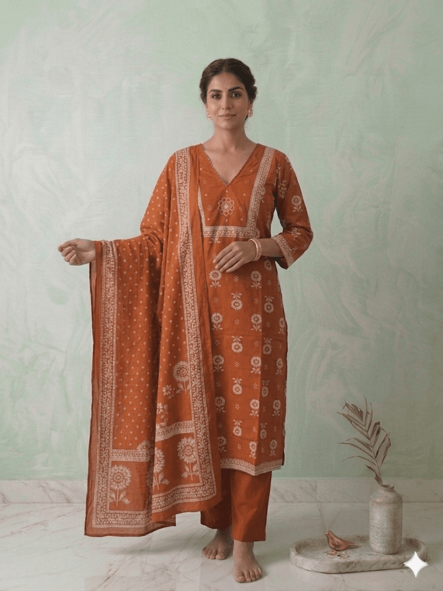 Orange printed 3pc set — pure cotton