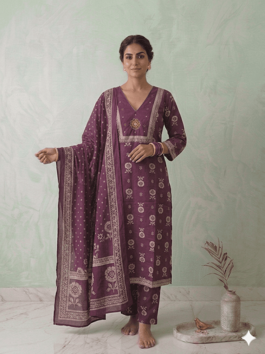 purple printed 3pc set. — cottton