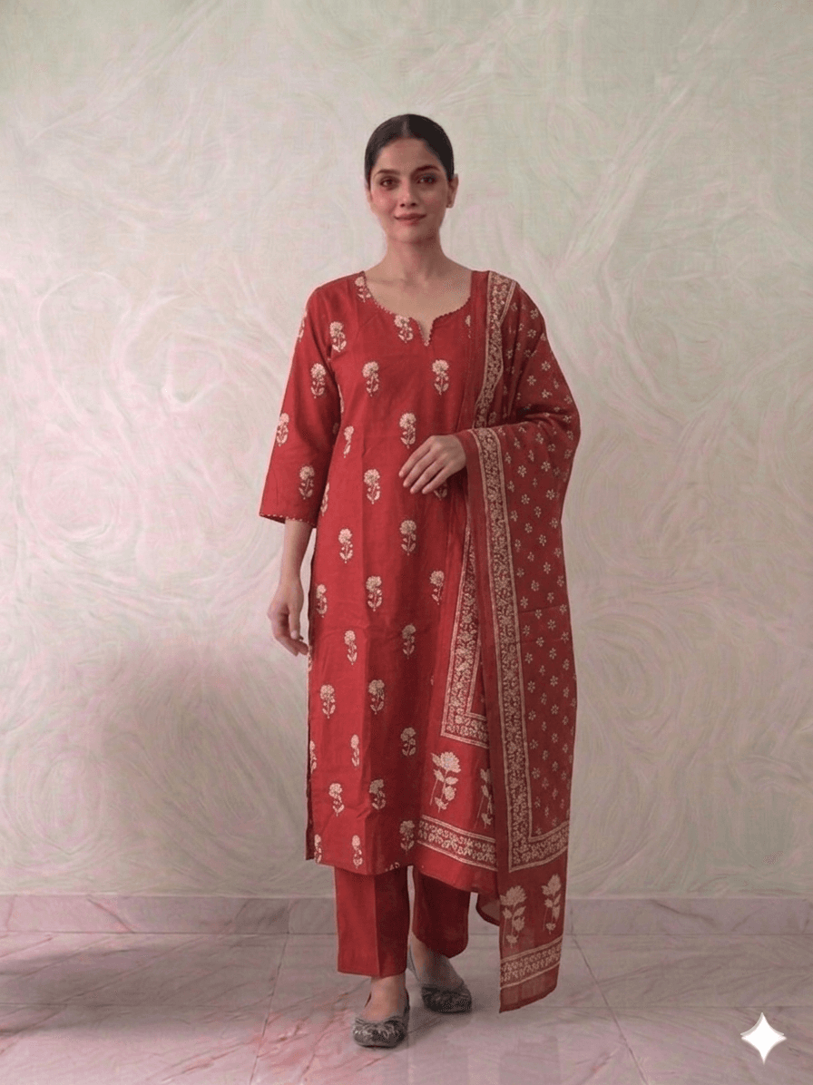 Red printed 3pc set — Pure cotton