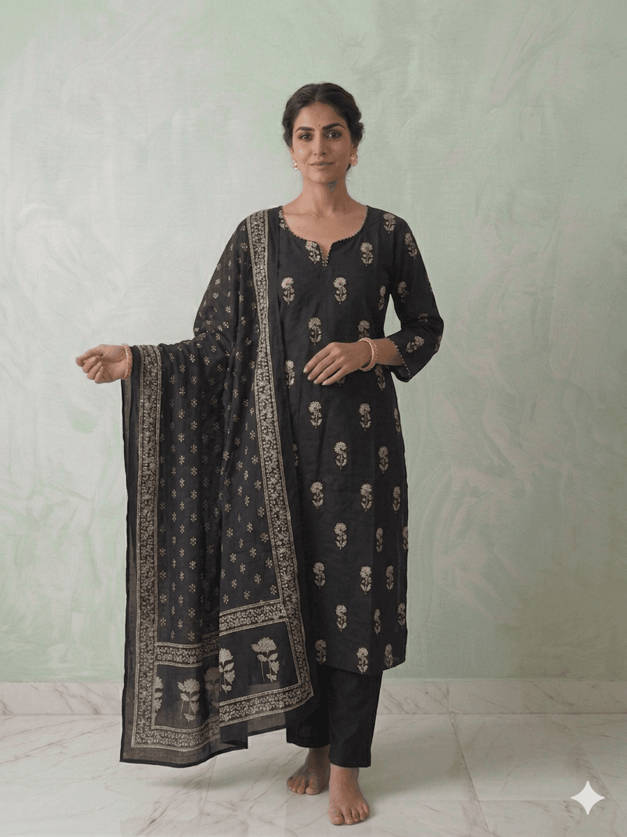 Black printed 3pc set — pure cotton
