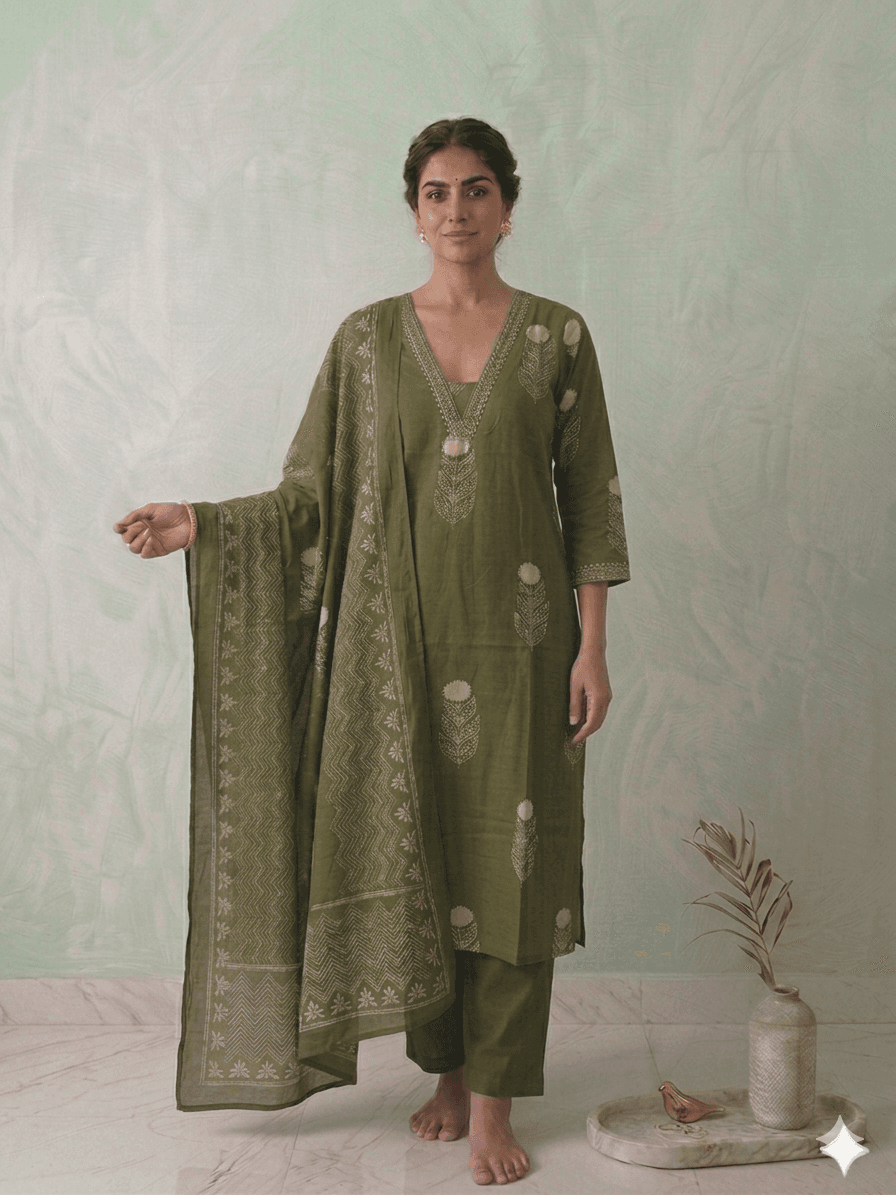 Green printed cotton 3pc set