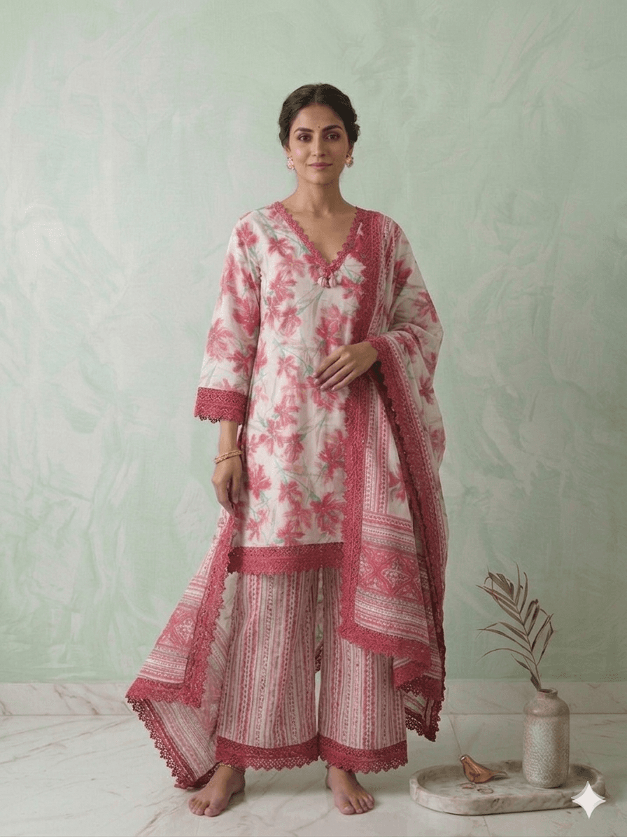 White and pink floral 3pc set — Cotton ethnic suit set