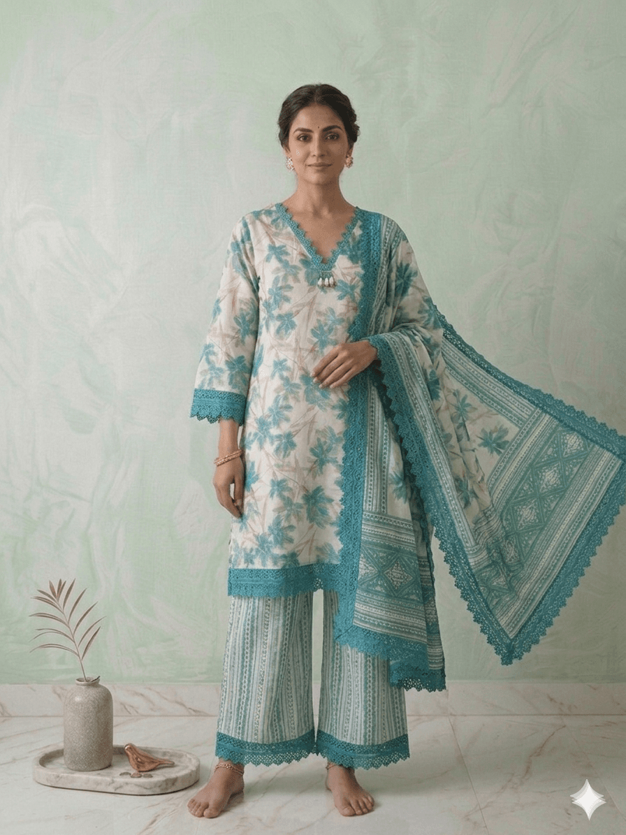 White and green floral 3pc set — Cotton ethnic suit set