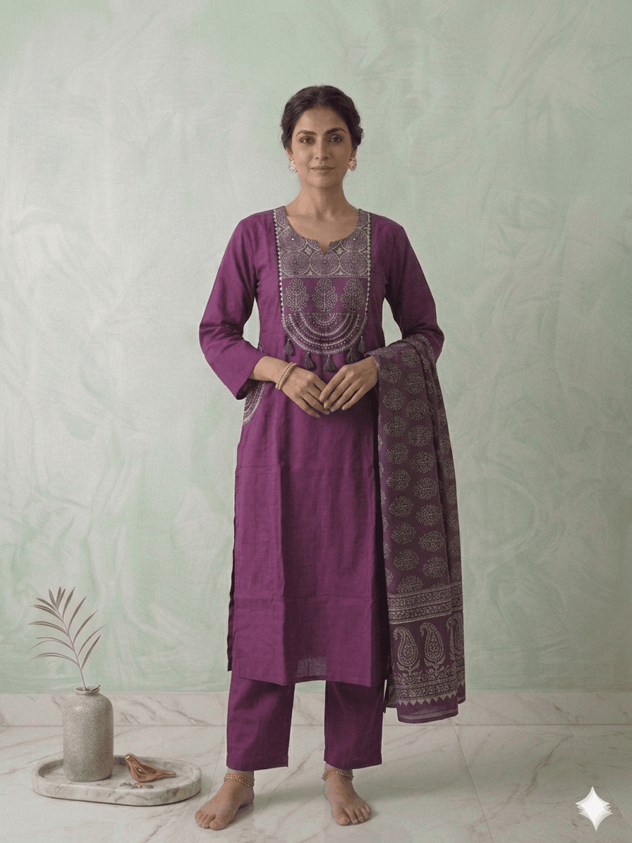 Plum 3pc set with Ajrakh yoke — Cotton
