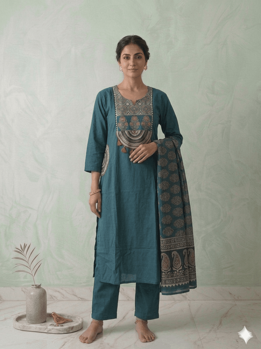 Dark green 3pc set with Ajrakh yoke — Cotton