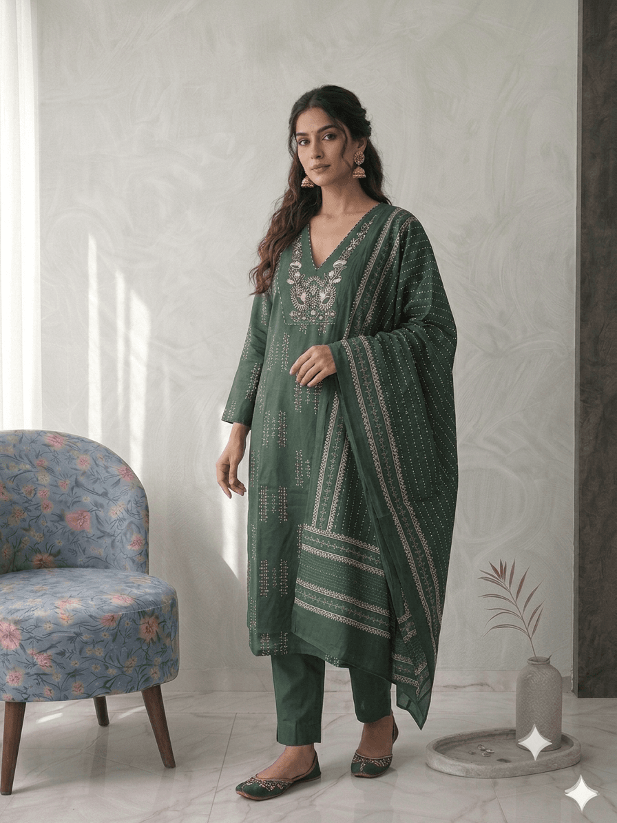 Dark green Dark green printed suit in Cotton suit set