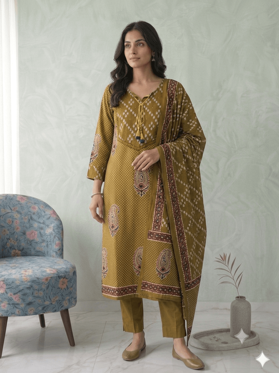 Mehendi green Mehendi green printed suit in Cotton suit set