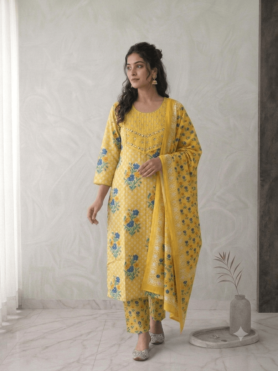 Yellow Yellow printed floral set in Cotton suit set