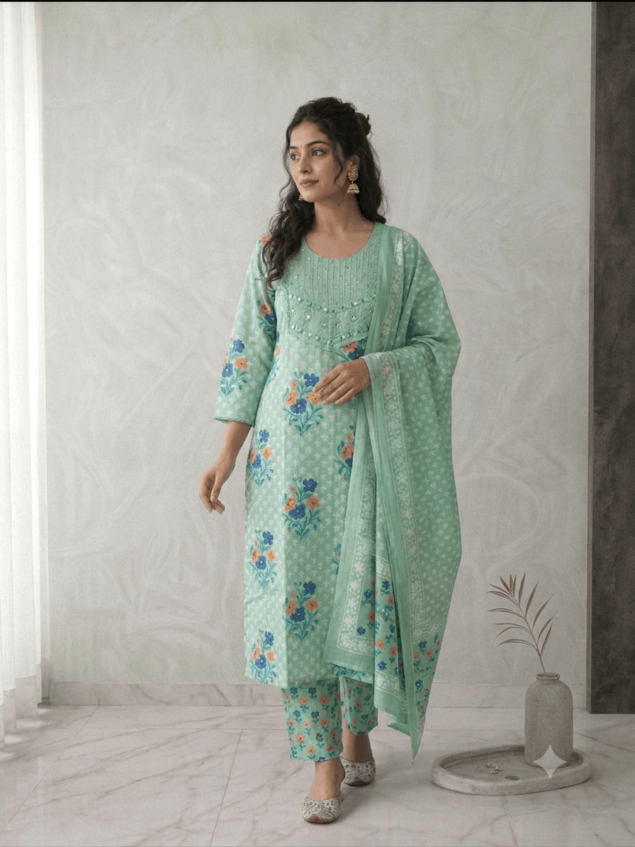 Mint green Mint green floral 3pc set in Cotton suit set