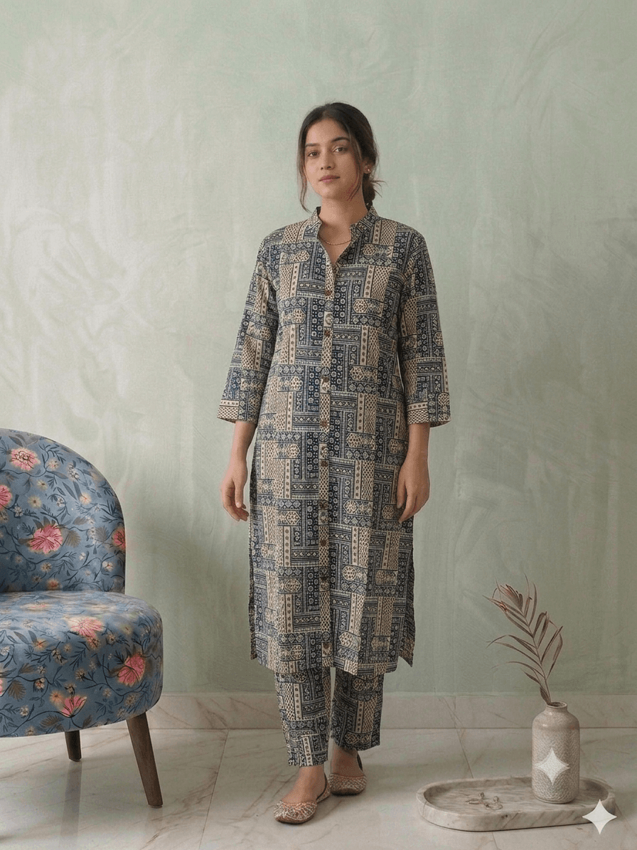 Blue and beige geometric cord set in Cotton co-ord set