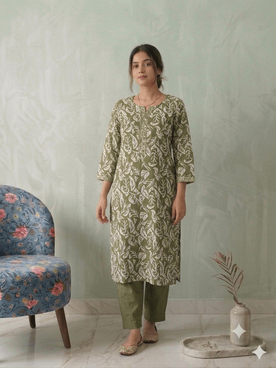 Olive green Olive Green Botanical-Print Kurta Set in Otton co-ord set